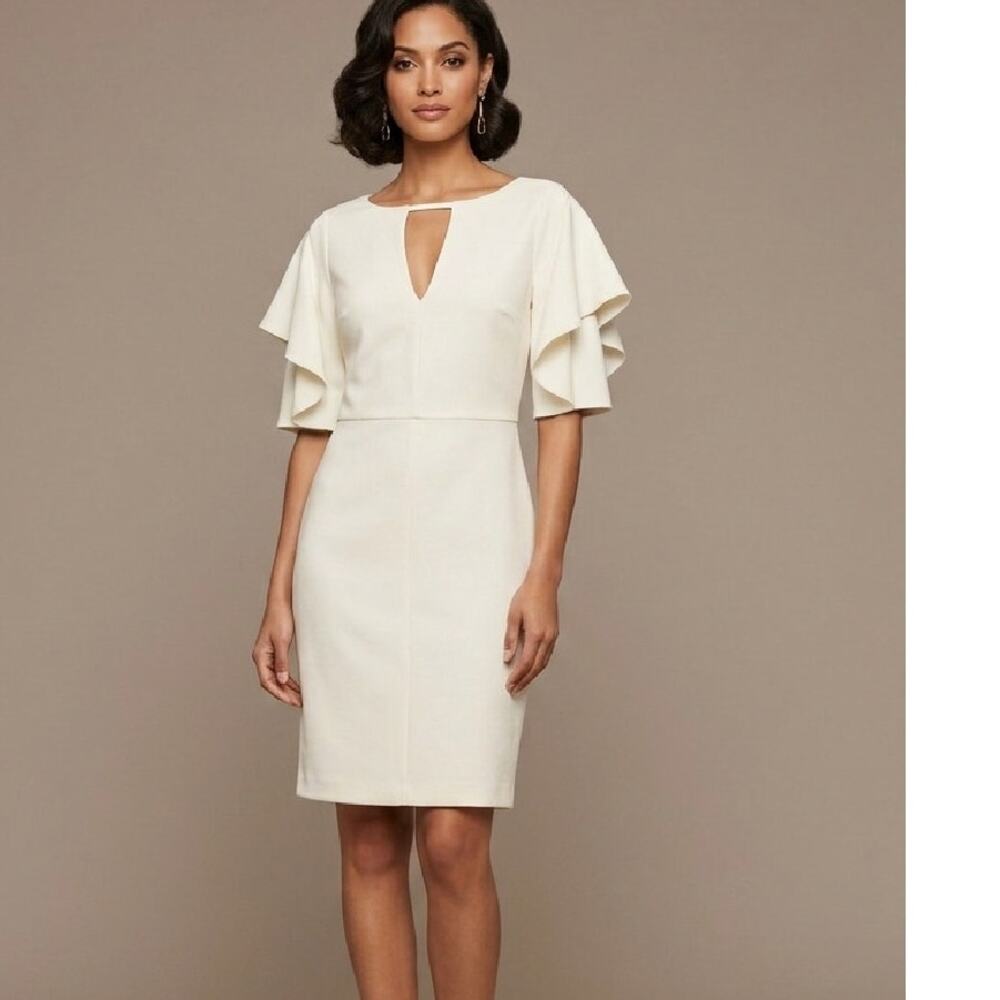 NWT HALSTON Ivory Bar Cutout Ruffle Flutter Sleeve  Sheath Dress 6